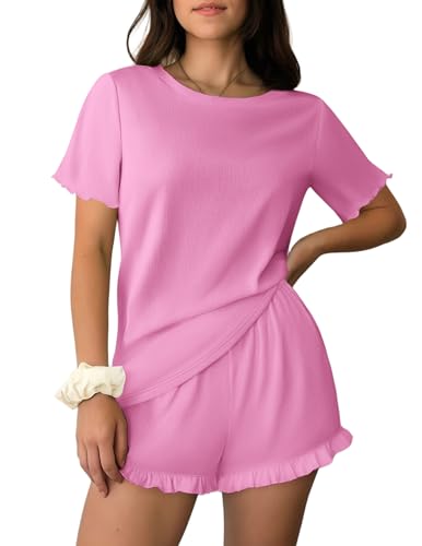 Ekouaer Ribbed Knit Lounge Sets Summer Short Sleeve Pajama Set Soft Pj Sets Ruffle Pjs Loungewear with Pockets Pink