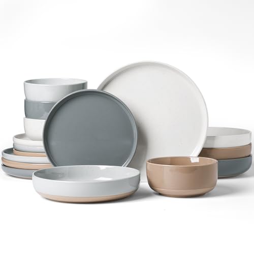 Image of Famiware Milkyway Stoneware Dinnerware Sets with Pasta Bowls, Service for 4 (16 Pieces), Plates and Bowls Sets -Scratch Resistant, Microwave and Dishwasher Safe Dishes Set, Multi-color
