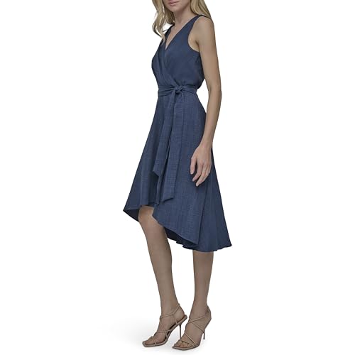 Robe midi DKNY col cache-cœur coupe trapèze fluide sans manches chic - 3