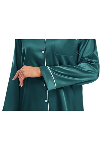 Devirld Women's Classic Long Sleeve Satin Pajamas Set Button Down Silky Sleepwear 2 Piece Lounge Set Pj Set with Notch Collar Blue Green - image 6