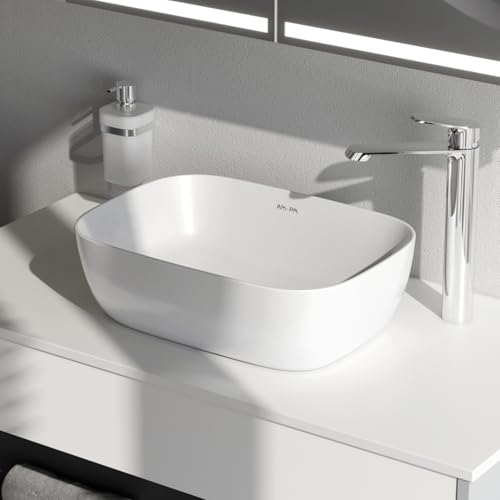 AM.PP Func – Vasque à poser en céramique 45 cm, vasque à poser salle de bain, vasque salle de bain pour salle de bain et WC d’invités, lavabo à poser sans trop-plein, blanc