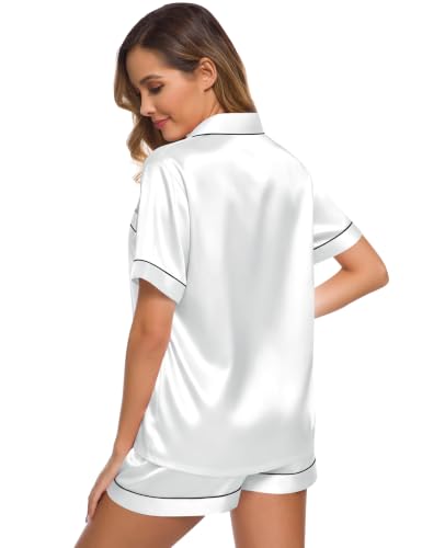 Image of SWOMOG Womens Silk Satin Pajamas Set Short Sleeve Sleepwear Button Down Top and Shorts Loungewear 2 Piece Pjs Set XS-3XL