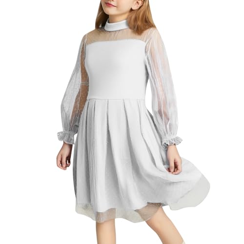 Mädchen Kleid Mesh Langarm Partykleid Rundhals Freizeitkleid...