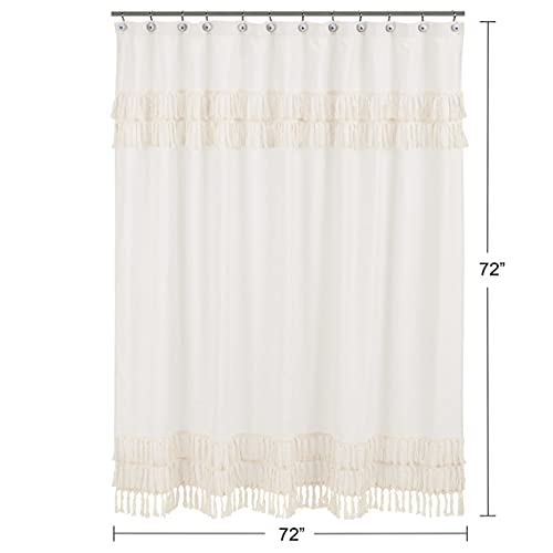 Sweet Jojo Designs Minimalist Boho Chic Ivory Cream Macrame Fringe Knotted Tassel Decorative Bathroom Bath Shower Curtain Textured Off White Cotton Fringe Farmhouse Neutral Rustic 72X72 Room Decor #TOP3