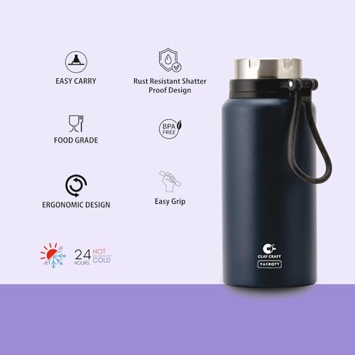 Image of CLAY CRAFT VACBOTT Topaz Uno Double Walled|18 Hours Hot and 24 Hours Cold Vacuum Insulated|Thermosteel|Flask Bottle 900 ml Steel Bottles for Travelling|BPA-Free|BIS Certified|1Year Limited Warranty