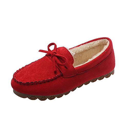 ERLINGO Wildleder Mokassin Hausschuhe Damen, Warm Bequem Low-Top Plüsch Hausschuhe Slip-on Super Weich Winter Indoor Outdoor Flache Schuhe Gemütlich Bow-Knot Loafers Slippers, rot, 39.5 EU Cover