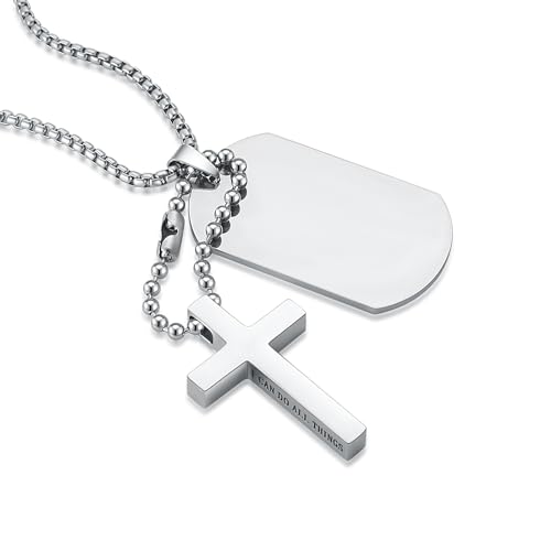 HZMAN Dog Tag Cross Necklace for Men Women Stainless Steel High Polished Army Military Dog Tag Pendant Bible Verse Cross Jewelry Gift with Ball Chain