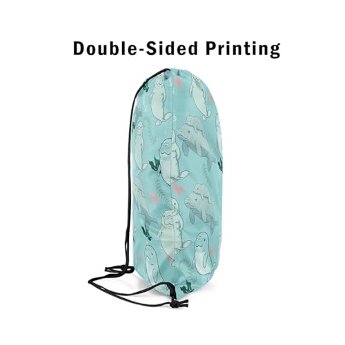 Erosebridal Manatees Draw String Back Bag 13x15.7,Cartoon Manatee Drawstring Bags,Marine Ocean Life Teal Drawstring Backpack,Manatee Family Underwater World Foldable Cinch Bag for Swim Yoga Camping4