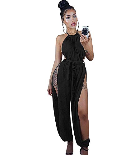 Womens Sexy Sleeveless Halter Hollow Out Lace Up High Split Bodycon One Piece Jumpsuits Rompers Playsuit #TOP2