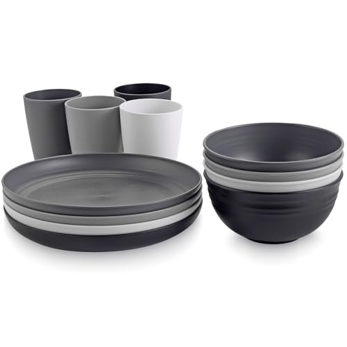 Anbte 12 piezas Vajilla de Camping, Platos y Cuencos de Plástico para Camping, Irrompibles para 4, Reutilizables, Aptos para Microondas y Lavavajillas, para Cocina al Aire Libre, Camping y Picnic