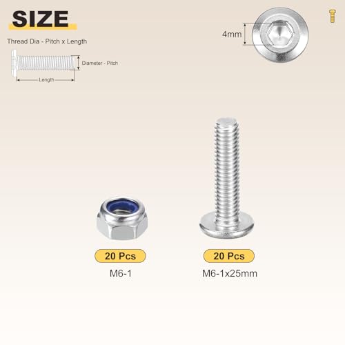 Image of METALLIXITY Crib Screws Replacement Set(M6-1x25) 40Pcs, Silver Tone, 304 Stainless Steel Hex Socket Screws with Lock Nuts - for Furniture Woodworking Project, Silver Tone