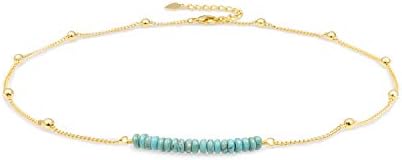 PERNNLA PEARL 18K Gold Satellite Beaded Curb Ball Chain Choker Turquoise Beads Bar Necklace Handmade Pendant Jewelry Adjustable for Women 16”+ 2”
