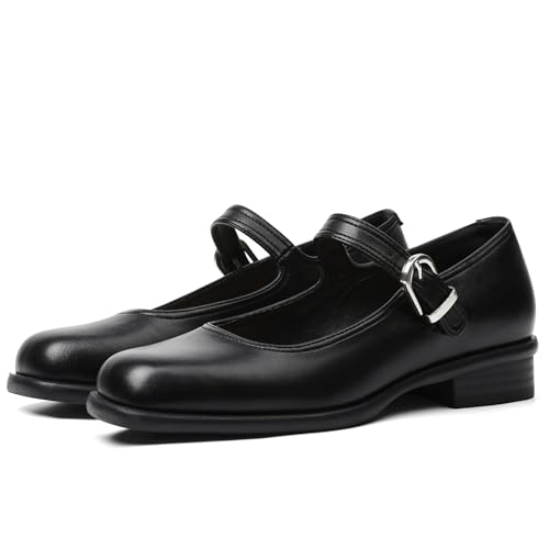 Mary Jane Flats with Adjustable Ankle Strap Womens Slip on Mary Janes Dressy Comfortable Square Toe Ballet Flats Shoes for Women Dance Shoes