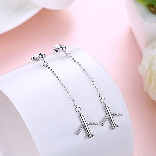 Pendientes de plata de ley S925 con motivo de avión y circonitas para regalar a niñas en fechas especiales 2