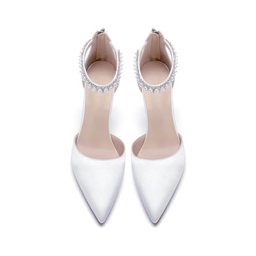 Image of Pointed Toe Pearl Wedding Shoes for Bride White High Heels Satin Bridal Shoes Zipper Back Evening Party Dance Dresses Shoes Pumps for Women