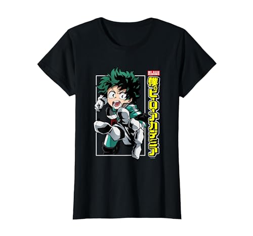 Image of My Hero Academia Deku Action Pose with Kanji Anime T-Shirt, Women, Black, Small