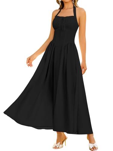Image of KUTUMAI Summer Floral Corset Midi Dress Halter Smocked Sundress Flowy A Line Beach Wedding Guest Dresses for Women 2025