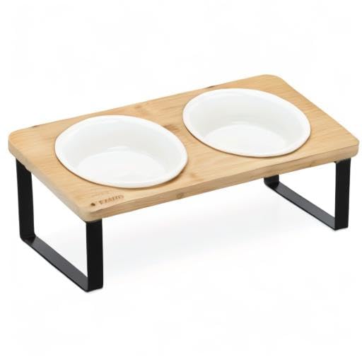 Navaris 2X Fressnapf aus Keramik mit Metall Ständer - Katzennapf Hundenapf 2 Stück im Set - Erhöhter Futternapf Katze Hund - Napf in Schwarz Natur