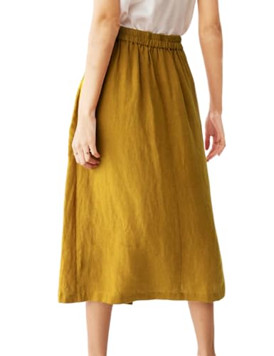 IDEALSANXUN Linen Skirts for Women Summer Casual Cotton A Line Elastic High Waisted Midi Skirts with Pockets2