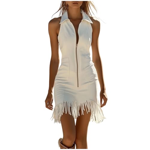 Western Cowgirl Dress for Women Sexy Zipper V Neck Sleeveless Dresses Vintage Tassel Fringe Suede Mini Dresses White