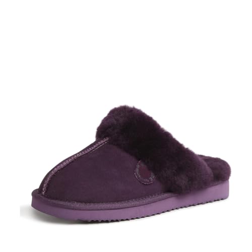Image of Dearfoams Women's Fireside Sydney Shearling Fur Indoor /Outdoor Scuff Slipper with Wide Widths, Aubergine, 11