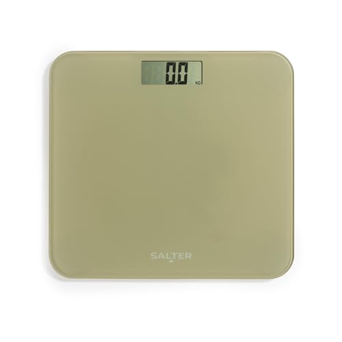 Báscula Digital de Baño Salter – Sin Batería, Plataforma de Vidrio Templado, Actívese al Pisarla, Capacidad de 180kg, No Requiere Pilas, Pantalla LCD Fácil de Leer, Color Crema