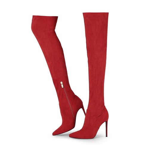 Elisabet Tang Thigh High Boots Over the Knee Boots for Women,Sexy 4.3 inch Stilettos High Heels Boots Stretch Suede Long Pointed Toe Shoes Red Suede Size 10