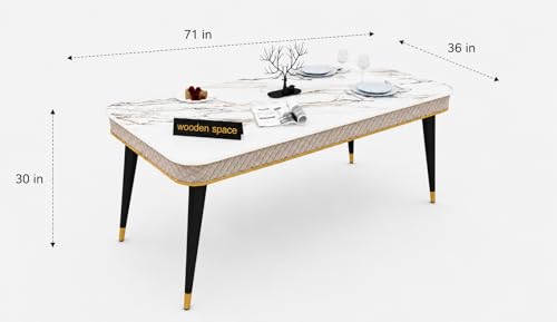 Image of WOODEN SPACE 6-Seater Wooden Dining Table Set | Nano Composite Marble Top | Solid Wood Base | Modern Dining Room Furniture with 6 Chairs (Beige Modern Vento)
