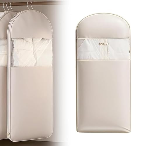 Space Saving Hanging Garment Bag, with Self Compression Zipper, Ultra Space Saving Self Compression Organizers, Dust Cover Clothes Storage Bags for Down Coat, Jacket, Shirt, Suit(Beige,Medium)