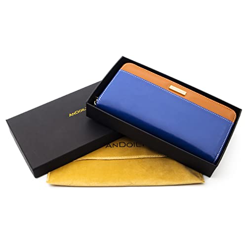Image of ANDOILT Womens RFID Blocking Genuine Leather Zip Around Wallets Large Cell Phone Holder Clutch Travel Purse Wristlet Blue