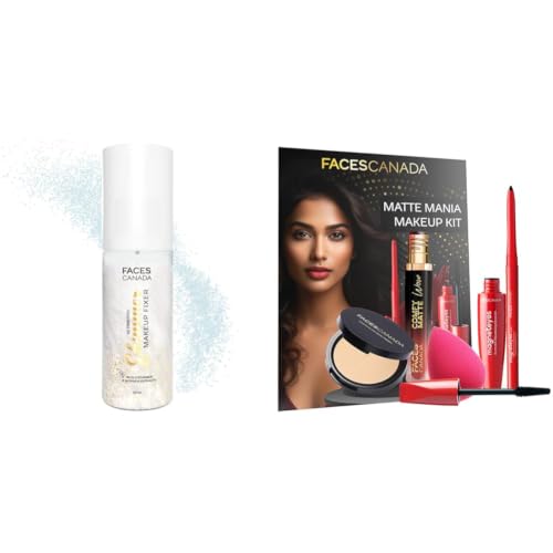 Image of FACESCANADA Ultime Pro Shimmer Makeup Fixer, 50ml & Matte Mania Makeup Kit - Kajal (0.35g) + Lipstick (3.8ml) + Compact (9g) + Mascara (9.5ml) + Beauty Blender