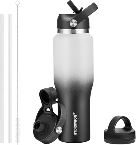 Image of 40 oz Insulated Water Bottle with Straw fit in Car Cup Holder(Cold 48 hrs, Hot 24 hrs) Drinking Bottle with Straw Lid, Spout Lid and Flex Cap Leakproof Travel Thermo Mug,White - Black
