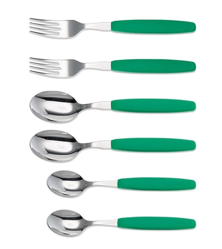 6er Set Giesser Messer Besteck Set je 2 Stück Löffel Teelöffel Gabel, Rostfreier Edelstahl, ergonomischer Griff - Made in Germany - Grün