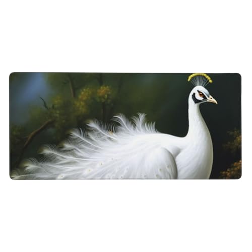 Tapis de souris bureau et maison design paon blanc grand format 90x40cm