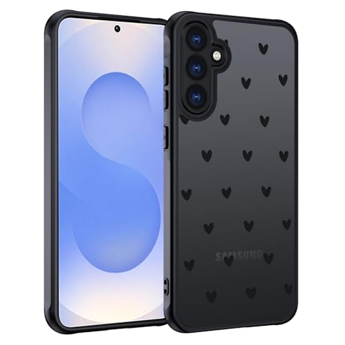 Handyhülle für Samsung Galaxy S25 Hülle Aesthetic Motiv Herz Muster Design Matt Transluzente Schlanke Hart Case Kratzfeste PC Rückseite + TPU Bumper Stoßfest Schutzhülle Schwarz