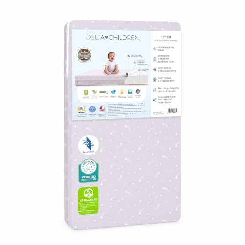 Delta Children Refresh 2-Stage Crib and Toddler Mattress - Breathable Cover and Core - Machine Washable - GREENGUARD Gold Waterproof - Sustainably Sourced Core Pink