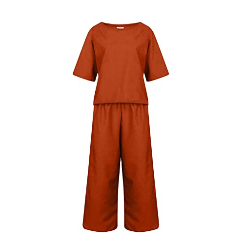 Womens 2 Piece Sets Casual Summer Matching Outfits Linen Suits Short Sleeve Crew Neck Tops Wide Leg Pants Vacation2