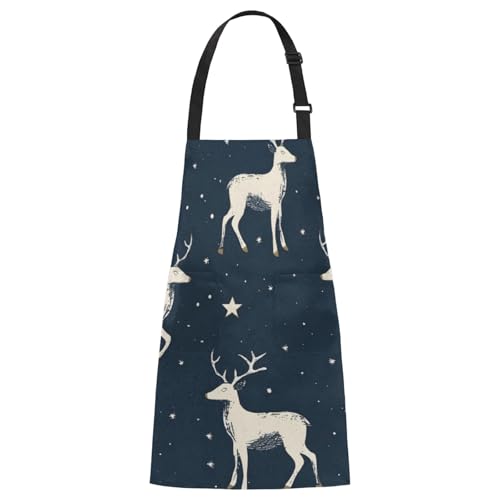 Aglebo Elk Silhouette Star Chef Apron with Pockets Adjustable Shoulder Strap Waterproof Cooking Apron for Kitchen Baking Gardening Pottery Painting