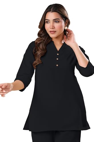 Image of Janasya Women's Light Blue Linen Cotton Solid A-line Top