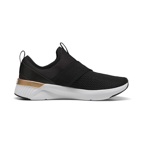PUMA Women's Softride Harli Slip On Training Shoes, Black-White-Gold, 9.5