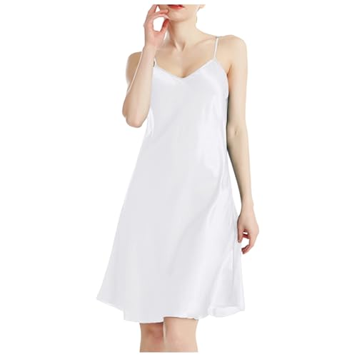 Pijama genérico para mujer de verano de mediados largos, pijama de seda para mujer sin mangas con tirantes de espagueti vestido de cami elegante y elegante cuello en V informal cómodo color sólido