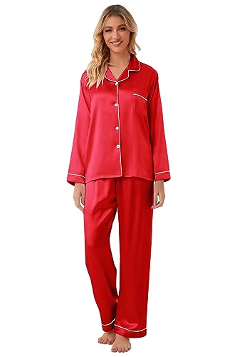Image of Schbbbta Girls & Women Satin Pajamas Set, 2Piece Silk Nightwear Button-Down Sleepwear for Teen Kids, 3 Years - Women XXL