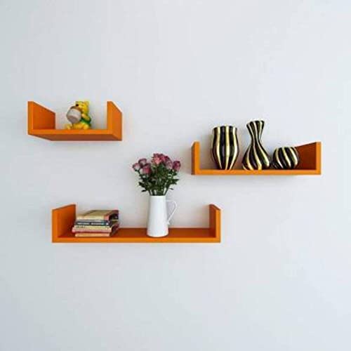 Image of Wooden handicrafts Wooden Stylish Wall Rack Shelves Set of Wall Shelves MDF -Medium Density Fiber Home Decoration Wall Decor (Orange, U Rack 3)