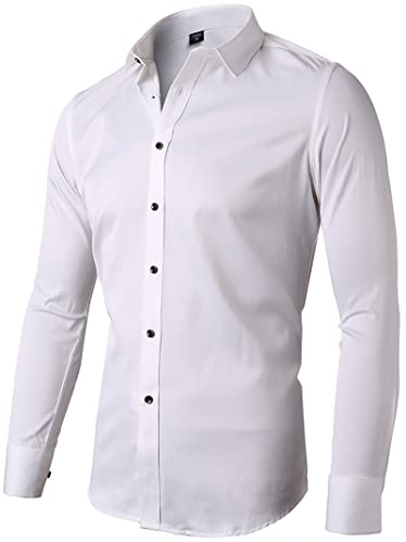 Mens Fiber Casual Button Up Slim Fit Collared Formal Shirts White 15.5"Neck 33.5"Sleeve