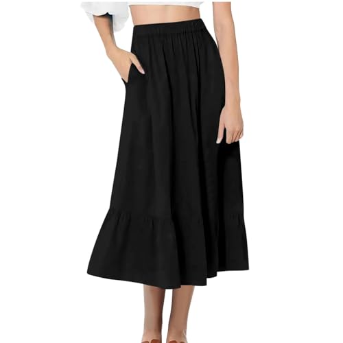Flowy Tiered Skirts for Women High Waisted Pleated Summer Beach Skirt A Line Smocked Layered Dress with Pocket