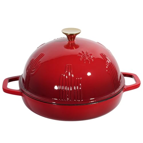 Flavehc Cast Iron Bread Oven With Cloche Lid for Baking - Red Enameled Dutch Oven With Dome Lid for Sourdough - 5 qt