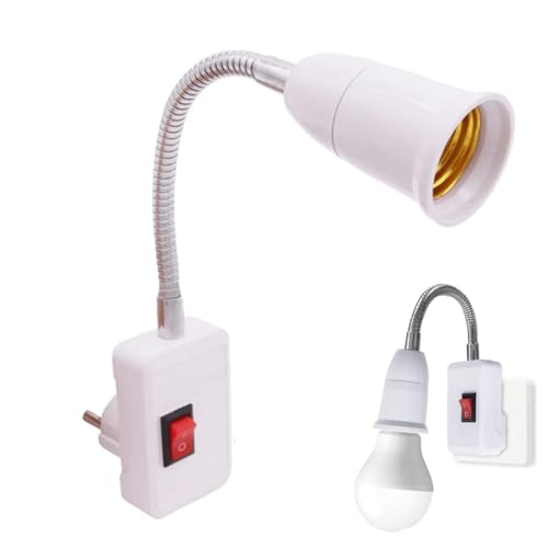 TECHZOCO Portalámparas E27 con Interruptor, Adaptador de Enchufe E27 Europeo, Rotación de 360° Con Cuello de Cisne Flexible, Interruptor ON/OFF, Apto para Dormitorios, Cocinas, Pasillos, Lectura