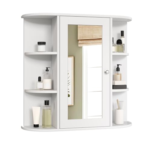 EUGAD Mobiletto Pensile da Bagno con Specchio Armadietto Bianco Lucido da Lavabo con 9 Ripiani...