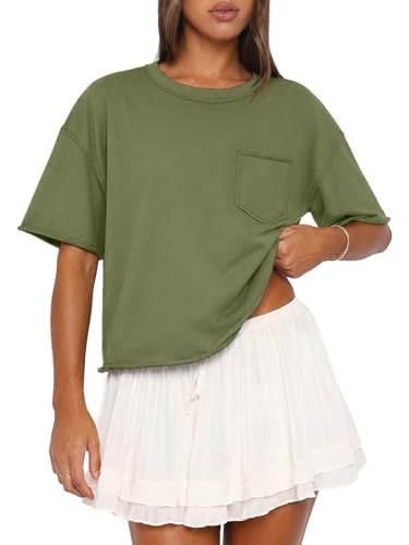 Image of ATHMILE Womens Crop Tops Workout Shirts Gym Oversized Spring Summer Basic Tees Short Sleeve Casual Loose Drop Shoulder 2026