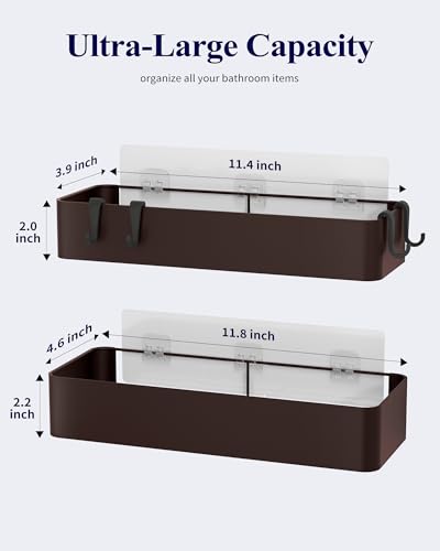 Kitsure Shower Caddy - 2 Pack Adhesive Shower Organizer, Rustproof Metal Shelves, No-Drill Bathroom Organizers and Storage, Brown, Large